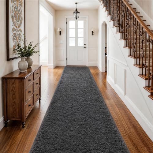 Ophanie Runner Rug for Hallway,2.5x12 Washable Non-Slip Fluffy Soft Bedside Rugs,Bedroom Living Room Shaggy Carpet for Kids Girls Boys Dorm Nursery Decor Aesthetic, Grey with Over 99 pcs Pile fibers - color: 1- Grey, size: 2.5‘ x 12’ (Rectangular)