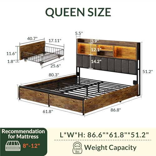Queen Bed Frame with 6 Storage Drawers, Bed Frame Queen Size with Linen Upholstered Headboard, Built in Charging Station and LED, No Noise, Metal Support, No Box Spring Needed,Vintage Brown - color: Brown and Grey, size: Queen