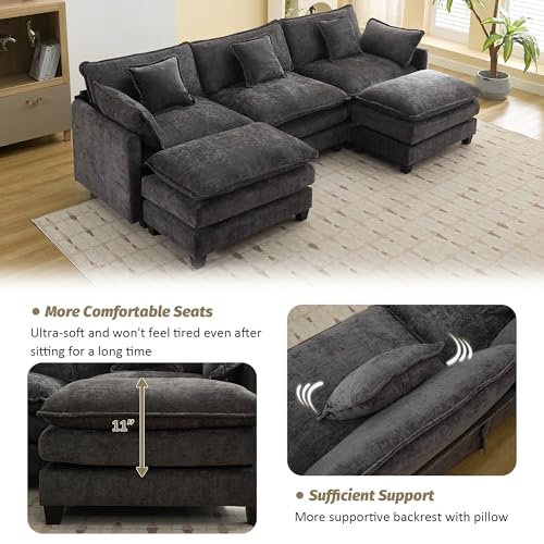 111'' Sectional Cloud Deep Seat Couch, Oversized Chenille U Shaped Sectional Sofa for Living Room Set, Comfy Upholstered Modular 5-Seats Sectional Sofa Couch with 2 Movable Ottoman, Dark Grey - color: Dark Grey, size: 111'' U Shape