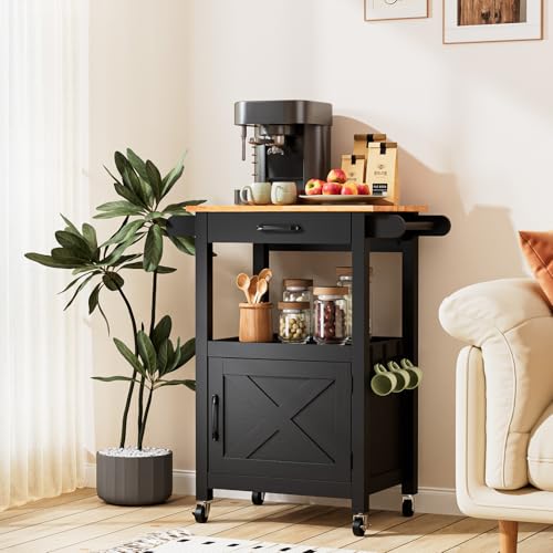 VINGLI Small Kitchen Island Cart on Wheels with Storage, Black | 29"W Rolling Microwave Stand with Drawer,Open Shelf, Towel Bars and Hooks, Rubberwood Top - size: 33"
