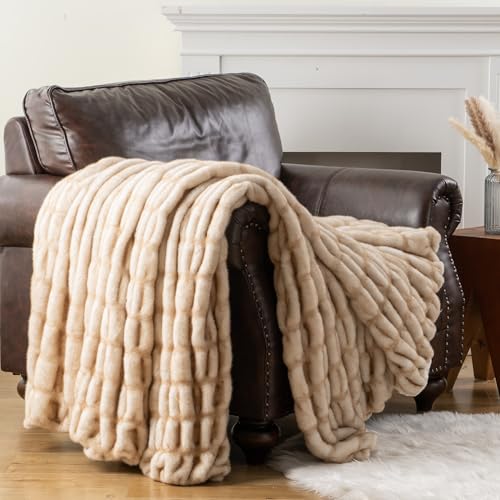 Battilo Faux Fur Throw Blanket for Couch, Soft Fluffy Ruched Fur Blanket, Cozy Thick Warm Fuzzy Decorative Yellow Blanket for Bed Chair Sofa 50"x60"(Tip Dye Yellow) | Soft Reversible Faux Rabbit Fur with Yellow-Tipped Detail, Thick and Cozy for Couch, Bed