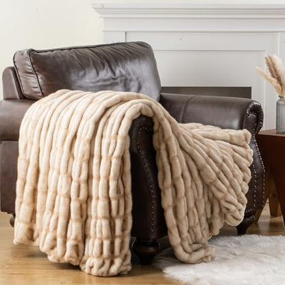 Battilo Faux Fur Throw Blanket for Couch, Soft Fluffy Ruched Fur Blanket, Cozy Thick Warm Fuzzy Decorative Yellow Blanket for Bed Chair Sofa 50"x60"(Tip Dye Yellow) | Soft Reversible Faux Rabbit Fur with Yellow-Tipped Detail, Thick and Cozy for Couch, Bed