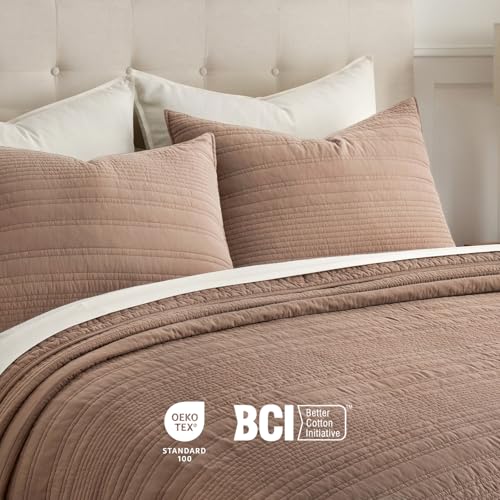 EVERGRACEHOME 100% Cotton Modern Lines Quilt Set Queen Size, Rose Dust | Pre-Washed Soft Cotton, Striped Coverlet Bedspread, 3 Piece Lightweight Bedding Set for All Season, with 2 Pillow Shams - color: Rose Dust, size: Full/Queen (92" X 92")