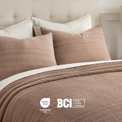 EVERGRACEHOME 100% Cotton Modern Lines Quilt Set Queen Size, Rose Dust | Pre-Washed Soft Cotton, Striped Coverlet Bedspread, 3 Piece Lightweight Bedding Set for All Season, with 2 Pillow Shams - color: Rose Dust, size: Full/Queen (92" X 92")