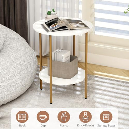 Side Table, Round End Table with 2 Storage Shelves, Compact Living Room Accent Table, Space-Saving Small Bedside Table, 18x18x22in, Marble White