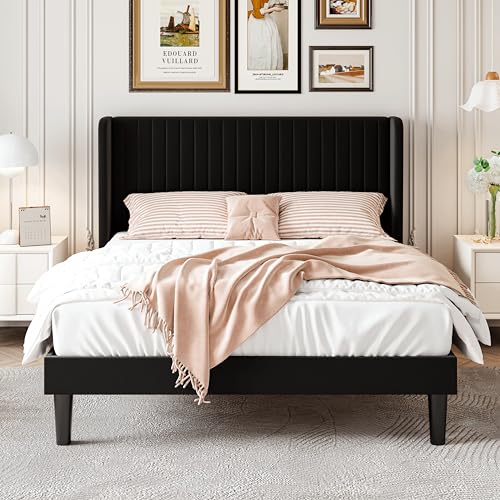 SHA CERLIN Full Size Velvet Bed Frame, Tufted Wingback Headboard, Black | 47'' Modern Vertical Channel Headboard, Upholstered Platform Bed, Wood Slats, No Box Spring Needed, Easy Assembly, Noise Free - color: Black, size: Full