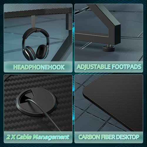 TIQLAB Gaming Desk with LED Lights, 40 Inch Computer Desk Z Shaped Gamer Workstation, Gaming Table with Carbon Fiber Surface, PC Gamer Desk, Black