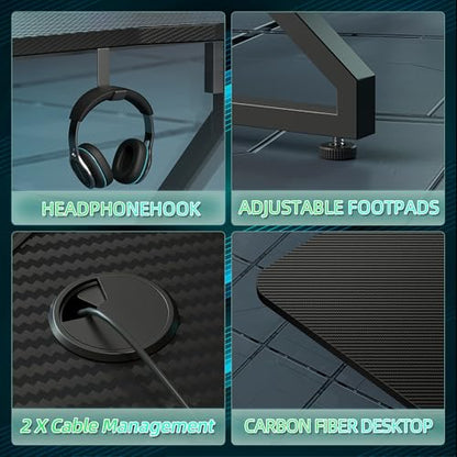 TIQLAB Gaming Desk with LED Lights, 40 Inch Computer Desk Z Shaped Gamer Workstation, Gaming Table with Carbon Fiber Surface, PC Gamer Desk, Black