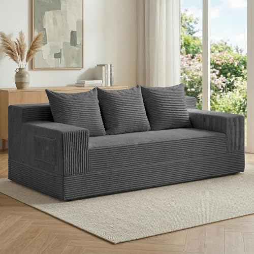 cidludto Convertible Sofa Bed, 78" Oversized Boneless Loveseat Couch 2 in 1 Foldable Futn Bed Couch in A Box, Folding Sofa Chair for Living Room, No Assembly Required, Grey - color: Grey, size: Three Seat-78''