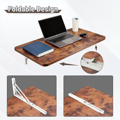 Neoaider Wall Mounted Folding Table 31.5”L x 15.7”W, Brown | Laundry Folding Table with Heavy Duty Metal Collapsible Shelf Brackets, Wall Mounted Desk Fold Down for Small Spaces - color: Brown, size: 31.5" x 15.7"