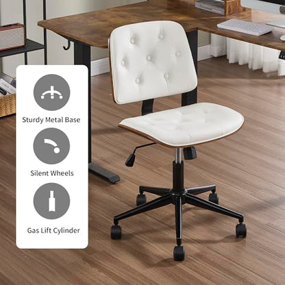 VipDesk Small Home Office Chair - Armless Mid Back Desk Chair with 360° Swivel and Wheels, PU Upholstered Height Adjustable Modern Walnut Computer Chair for Home, Office Meeting Room - White - color: White, size: Button Style