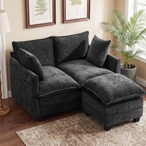 50" Loveseat Sofa with Ottoman, Cloud 2-Layer Cushion & 27" Deep Seat, Modern Love Seat Small Couch with 2 Washable Pillows for Small Spaces, Bedroom, Apartment, Office, Living Room, in a Box, Black - color: Black, size: Loveseat with Ottoman