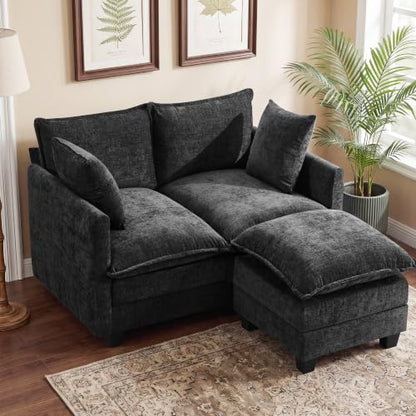 50" Loveseat Sofa with Ottoman, Cloud 2-Layer Cushion & 27" Deep Seat, Modern Love Seat Small Couch with 2 Washable Pillows for Small Spaces, Bedroom, Apartment, Office, Living Room, in a Box, Black - color: Black, size: Loveseat with Ottoman