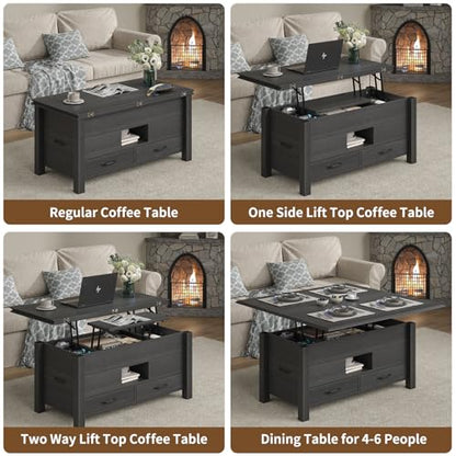 39.4" Lift Top Coffee Table 180° Flip Convertible Center with 4 Drawers Hidden Storage Silent Gas Multi-Function Rising Workstation for Living Room Apartment Home Office Black