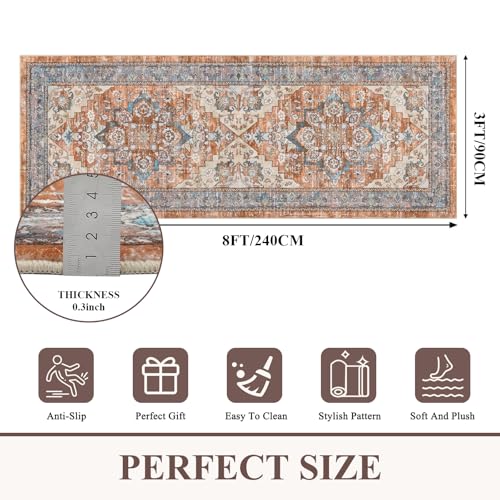 Bsmathom Washable 3x8 Hallway Runner Rug, Oriental Indoor Soft Non-Slip Carpet for Kitchen Bathroom Entryway Thin Stain Resistant Floor Mat for Living Room Bedroom Laundry - color: Brown Red, size: 3' x 8' (Runner)