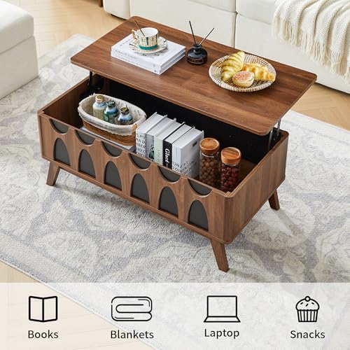 Bifins Coffee Table, Lift Top Coffee Table with Hidden Compartment | Mid Century Modern Coffee Table with Storage, Rectangular Center Table with Lift Tabletop for Living Room - color: Walnut and Black