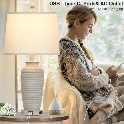 CINSARY 25" Farmhouse Jar Table Lamps Set of 2, 3 Way Touch Control Rustic Bedside Lamps with USB A+C Ports & AC Outlet, Pot Nightstand Lamps for Bedroom Living Room (LED Bulbs Included) - color: Light Gray