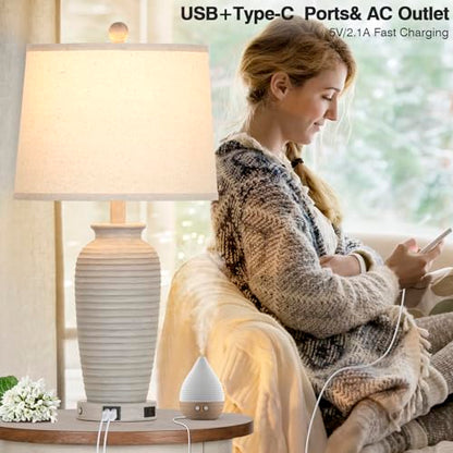 CINSARY 25" Farmhouse Jar Table Lamps Set of 2, 3 Way Touch Control Rustic Bedside Lamps with USB A+C Ports & AC Outlet, Pot Nightstand Lamps for Bedroom Living Room (LED Bulbs Included) - color: Light Gray