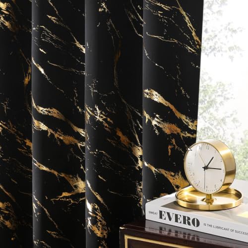 WUBODTI Black and Gold 100% Blackout Curtains for Bedroom Bathroom 63 Inch Length 2 Panels Set, Grommet Marble Patterned Window Treatments Modern Luxury Art Thermal Insulated Short Curtain Drapes - color: Black and Gold, size: 52"W x 63"L (Pack of 2)