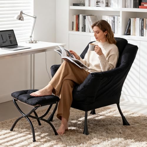 Modern Lazy Chair with Ottoman Lounge Accent Reading Chair for Living Room | Foldable Footstool,Removable Cover,with Armrests & Side Pockets,Upholstered Lounge Chair for Bedroom,Dorm,Office,Small Space - color: Plush Black
