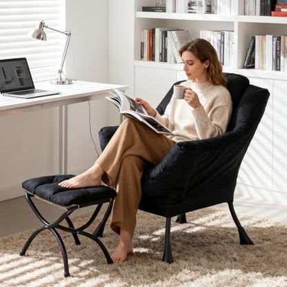 Modern Lazy Chair with Ottoman Lounge Accent Reading Chair for Living Room | Foldable Footstool,Removable Cover,with Armrests & Side Pockets,Upholstered Lounge Chair for Bedroom,Dorm,Office,Small Space - color: Plush Black
