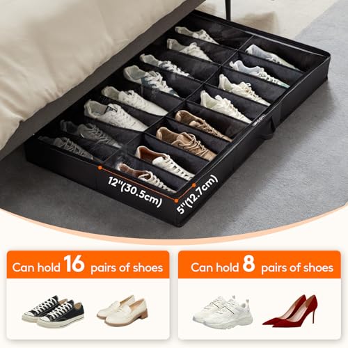 Lifewit Under Bed Shoe Storage Organizer 2 Pack(16 Shoes Cells), 4.3 Inches Profile Fabric Shoes Container Box with Clear Cover, Foldable Storage Bag with 2 Handles, Fits 16 to 32 Pairs - style: 16 Shoes Cells