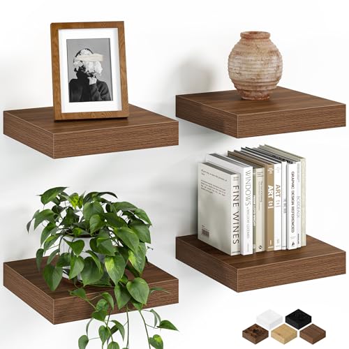Fun Memories Floating Shelves for Wall, 8 Inch Set of 4 Rustic Wood Wall Shelves with Invisible Brackets, Heavy Duty Storage Display for Bathroom Bedroom Living Room Kitchen, Walnut - color: Walnut Brown, size: 8"W x 8"D, Set of 4