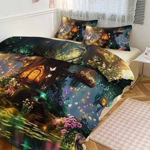 Enchanted Fairy Forest 3 Piece Reversible Bedding Set 86"x70",Double Sided Brushed Microfiber Duvet Cover Set with 2 Pillowcases Soft Breathable Comforter Cover for Home - color: Enchanted Fairy Forest, size: 86"x70"