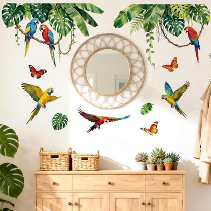 Tropical Parrot and Monstera Wall Decals, Wall Stickers Decor | 2 Sheets 11.8"x37.8" Vinyl Removable Peel and Stick Murals, Plant Decor for Bedroom, Bathroom, Office, Classroom & Home - style: Tropical Parrot and Monstera
