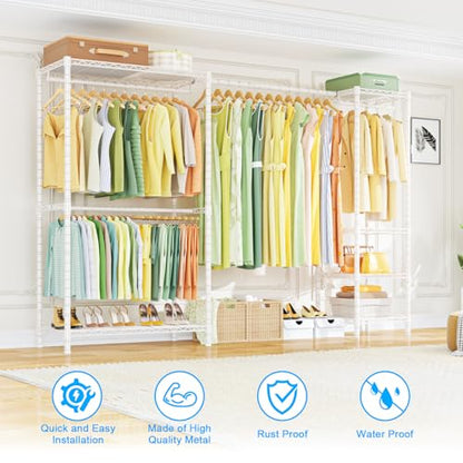 E10 Clothes Rack（With Stretchable Hanger Rod）Freestanding Clothing Racks for Hanging Clothes，Adjustable Closet Organizer System，Portable Garment Rack 73-97"W x 15" D x 72" H，Max Load 800LBS，White - color: White