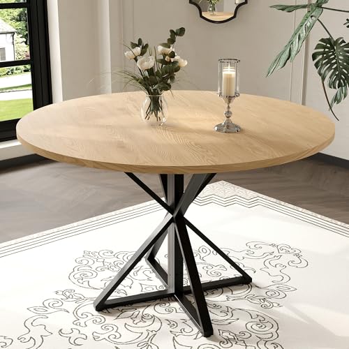 GarveeHome 47 Inch Round Dining Table for 4-6-Oak/Only Table | Circle Kitchen Table with Pedestal Base, Farmhouse Wooden Dining Table for Small Spaces, Kitchen & Dining Room, Living Room - color: Oak