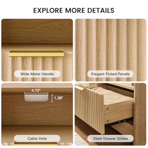 Amada 59" Wide Fluted Storage TV Stand for TVs up to 65", Natural | Elegant fluted wood panels, 3 drawers, 3 open shelves, cable holes, smooth metal slides, wide metal handles, rounded edges