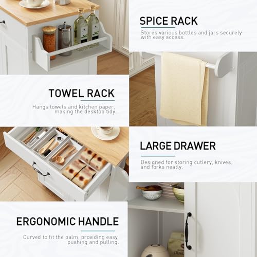 Kitchen Island Cart, Small Kitchen Island with Storage Cabinet and Drawer, Rolling Kitchen Cart on Wheels with Spice Rack and Towel Rack, for Kitchen, Dining Room, White and Natural - color: White + Natural