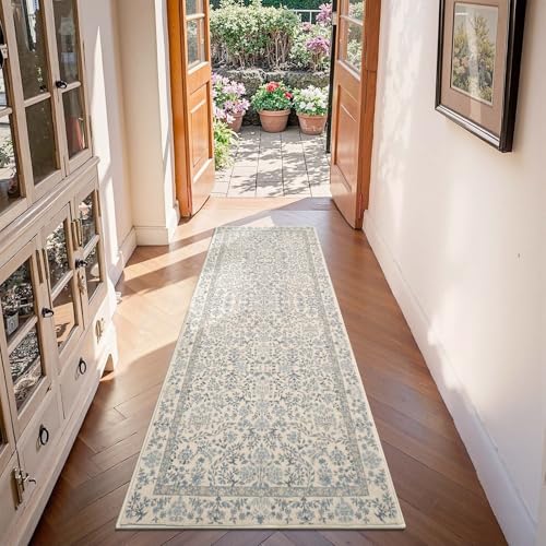 jinchan 2x5 Washable Hallway Runner Rug, Floral Non-Slip, Blue/Cream | Soft Low-Pile, Botanical Throw Carpet for Kitchen Entryway Laundry Room Bedroom - color: Blue/Cream, size: 2' x 5' (Rectangular)