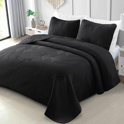 Exclusivo Mezcla Ultrasonic Twin Quilt Bedding Set, Black | Lightweight Bedspreads, Soft Microfiber, Modern Geometric Coverlet, All Season Bed Cover, 1 Quilt and 1 Pillow Sham - color: Black, size: Twin (68"x88")