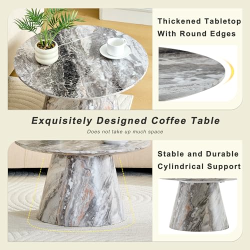 Faux Marble Coffee Table Set of 2, Modern Nesting Tables with Gray and Brown Marble Texture & Sturdy Cone Base, Round Layered Low Profile Accent Tables Ideal for Living Room, APT, Small Space - color: Gray Nesting Coffee Table
