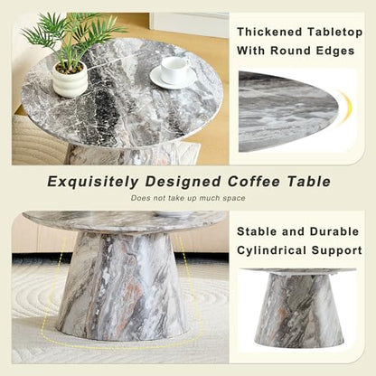Faux Marble Coffee Table Set of 2, Modern Nesting Tables with Gray and Brown Marble Texture & Sturdy Cone Base, Round Layered Low Profile Accent Tables Ideal for Living Room, APT, Small Space - color: Gray Nesting Coffee Table