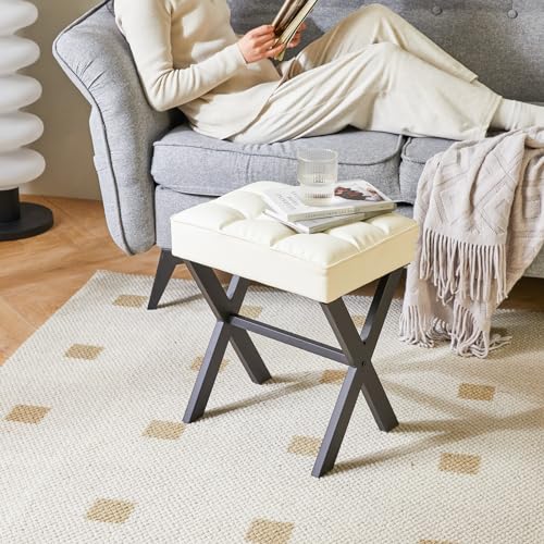 IBUYKE Square Makeup Stool with X-Leg, PU Vanity Chair, White LG-71W | Footrest Ottoman Seat Multi-Use Small Side Table Bedroom Living Room - color: White, size: 17.72"-Leather