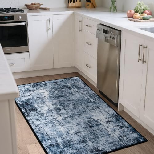 Rugflix 3x4 Entrance Rugs, Washable Navy Blue Dark Entry Small Rug | Machine Washable; Stain-Resistant; Low Pile; Non-Slip; Modern Abstract; Black Carpet for Entryway Kitchen Hallway Home - color: 01-ocean Blue, size: 3' x 4' (Rectangular)