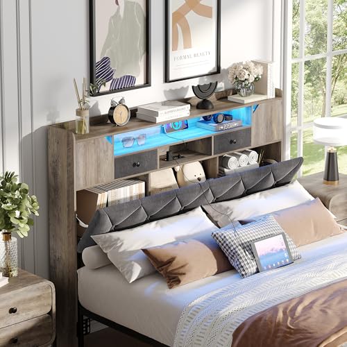 Maupvit Headboard for Queen Size Bed with Storage, Upholstered Headboard Only, Wood Head Board with Charging Station and Led Light, Height-Adjustable, Hidden and Open Storage, Rustic Grey