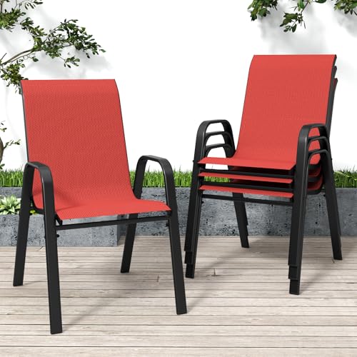 Red Patio Chairs Set of 4, Stackable Outdoor Dining Chairs for All Weather Textilene Fabric & Metal Frame, Outdoor Chairs Set for Backyard Deck Garden - color: Red, size: Set of 4