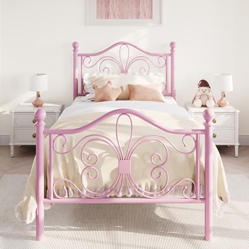 SHA CERLIN Twin Size Metal Bed Frame with Butterfly Headboard, Pink | Metal Platform Bed for Kids, Wrought Iron-Art Headboard/Footboard, Under-Bed Storage, No Box Spring Needed, Easy Assembly - color: Pink, size: Twin