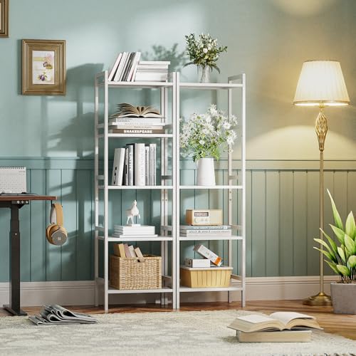 HITNET 5 Tier Bamboo Shelf, Tall Narrow Bookcase, Freestanding Bathroom Storage Unit with Adjustable Shelves, Modern Display Standing Bookshelf for Living Room, Bedroom, Home Office, White - color: White