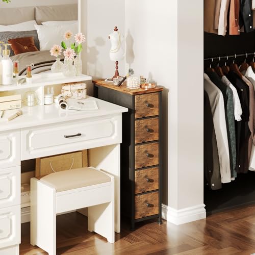 COTUBLR Narrow Dresser, 19" Wide Narrow Nightstand Dresser Storage Tower with 5 Drawers, Slim Fabric Dressers Chest of Drawers for Small Spaces, Wood Top & Fabric Bins for Bedroom Bathroom Closet - color: Rustic Brown