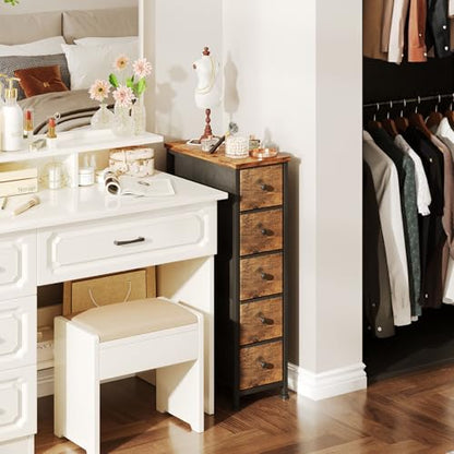 COTUBLR Narrow Dresser, 19" Wide Narrow Nightstand Dresser Storage Tower with 5 Drawers, Slim Fabric Dressers Chest of Drawers for Small Spaces, Wood Top & Fabric Bins for Bedroom Bathroom Closet - color: Rustic Brown