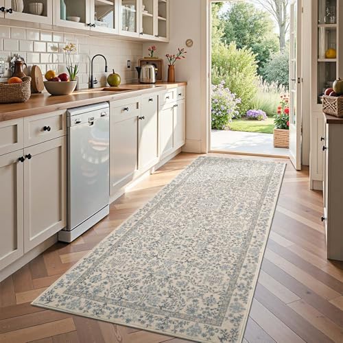 jinchan 3x8 Washable Hallway Runner Rug, Floral Non-Slip, Blue/Cream | Soft Low-Pile, Botanical Throw Carpet for Kitchen Entryway Laundry Room Bedroom - color: Blue/Cream, size: 3' x 8' (Rectangular)