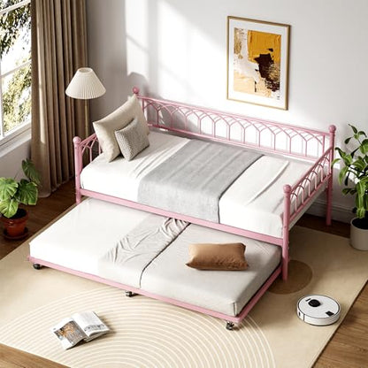 IDEALHOUSE Twin Size Metal Roll Out Trundle Bed Frame with Wheels and Slats Support, Pink | Pull-Out Trundle, Space-Saving, Metal Frame, Living Room, Bedroom, Apartment - color: Modern Pink, size: Twin Roll-Out Trundle