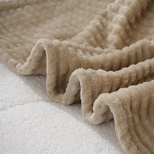 Puncuntex Fleece Throw Blanket Khaki 108"×90" with Square Grid Design | Super Soft Plush Cozy Flannel Throw Blanket Luxury for Couch Sofa Chair - color: Khaki, size: 108"×90"