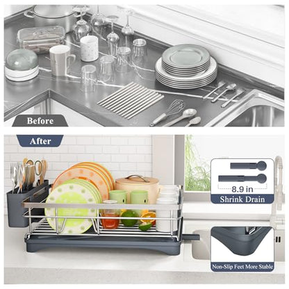 SAYZH Dish Drying Rack for Kitchen Counter with Utensil Holder, Silver | Stainless Steel, Large Capacity, Angled Drainboard, Rotating Spout, Removable to Clean - color: Silver