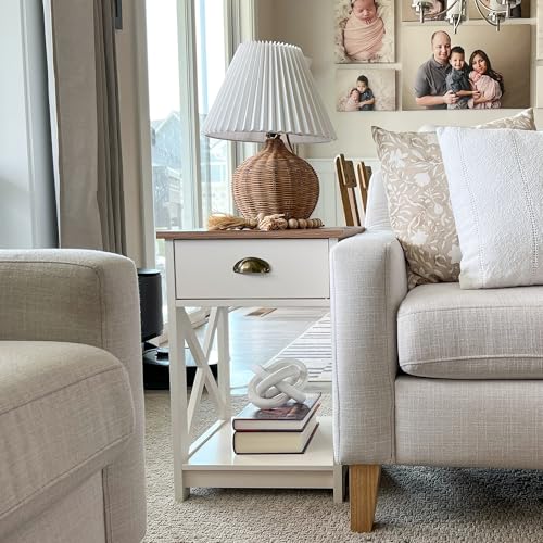 PHI VILLA End Table Living Room Set of 2, White Bedside Table with Drawers | Wood Side Table with Drawer, Farmhouse Bed Side Tables Living Room, Rustic Nightstand for Bedroom, Small Couch Table - color: Ivory 1
